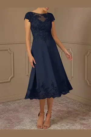 milanoo.com Abito da sposa per la madre della sposa con maniche a mantella in pizzo e lunghezza al tè per la festa di nozze