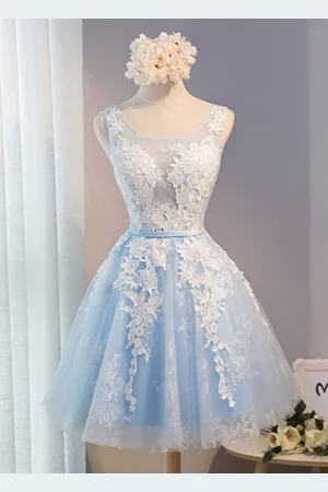 milanoo.com Abito da cerimonia in tulle con applicazioni di pizzo Abito da sera con fascia blu senza schienale Una linea al ginocchio Abito da festa