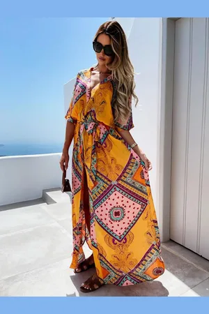 milanoo.com Maxi vestiti maniche corte stampato modello scollo a V poliestere lunghezza del pavimento abito estivo