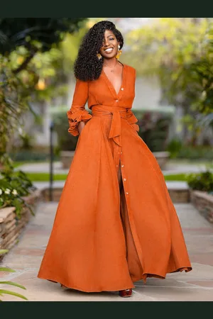 milanoo.com Abito lungo da donna maxi maniche lunghe con scollo a V e fascia a strati