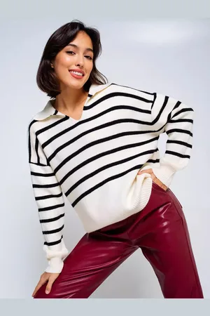 milanoo.com Maglione a righe con scollo a V e spalle cadenti finiture a coste pullover casual