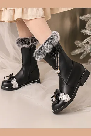 milanoo.com Stivali Lolita dolci fiocchi neri punta rotonda in pelle PU calzature Lolita