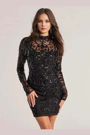 milanoo.com Mini abito con paillettes a maniche lunghe con scollo a finta abito aderente trasparente per feste di compleanno per donna 2025