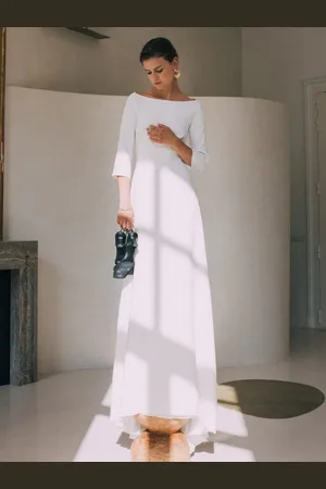 milanoo.com Abito da sposa vintage con collo gioiello maniche a 3/4 in poliestere con bottoni a strascico Abiti tradizionali per la sposa Personalizzazione gratuita