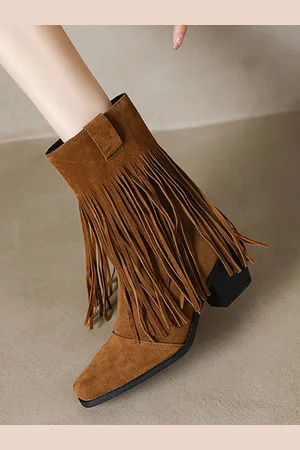 milanoo.com Stivali western da donna Stivaletti con tacco grosso in pelle scamosciata marrone con punta quadrata e nappe