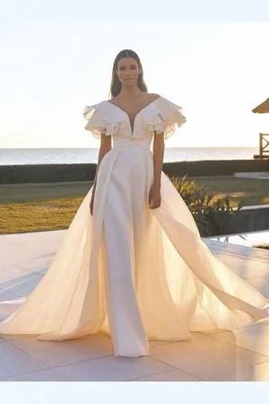 milanoo.com Abito da sposa vintage pannello treno scollo a V maniche corte fusciacca abiti tradizionali in organza per abiti da sposa personalizzazione gratuita