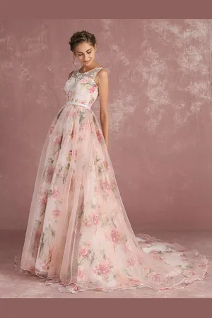 milanoo.com Abito da ballo rosa 2025 Abito da spettacolo lungo in organza con stampa floreale Abito da sera con treno della cappella senza schienale Personalizzazione gratuita