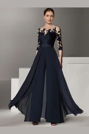 milanoo.com Abito da sposa per la madre collo gioiello mezze maniche in due pezzi abiti da cerimonia nuziale lunghi fino al pavimento in pizzo