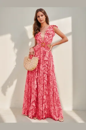 milanoo.com Maxi abiti floreali a strati con volant scollo a V senza maniche schiena scoperta spacco frontale abiti estivi sexy in stile folcloristico
