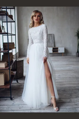 milanoo.com Abito da sposa in due pezzi Pizzo Pizzo Gioiello Collo A-Line con strascico Abito da sposa maniche lunghe