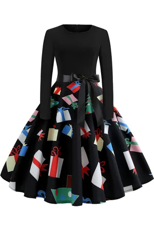 milanoo.com Vestiti Anni 50 con stampe Abiti donna maniche lunghe abiti anni 50 Nero con scollo tondo di poliestere Primavera Autunno di retro