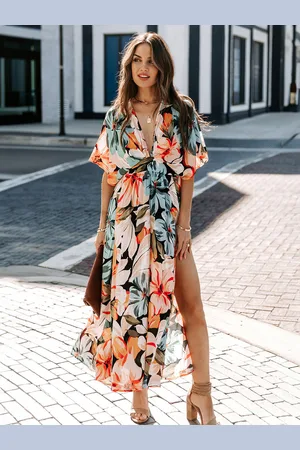 milanoo.com Abito estivo con scollo a V e stampa floreale Abito lungo da spiaggia blu