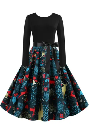 milanoo.com Vestiti Anni 50 con motivo natalizio Abiti donna maniche lunghe abiti anni 50 con scollo tondo di poliestere Autunno di retro