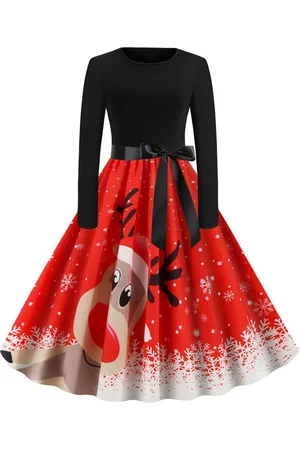 milanoo.com Vestiti Anni 50 con motivo natalizio Abiti donna maniche lunghe abiti anni 50 con scollo tondo di poliestere Inverno Autunno di retro