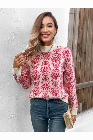 milanoo.com Maglioni per donna maglioni acrilici con maniche lunghe e scollo a gioiello stampati rossi
