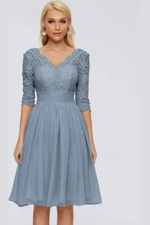 milanoo.com Abito da festa per la madre della sposa scollo a V mezze maniche abiti corti in pizzo al ginocchio per gli invitati al matrimonio