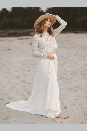 milanoo.com Abito a due pezzi color Pizzo Gioiello Collo A-Line Lungo fino al pavimento Maniche lunghe senza schienale Personalizzazione gratuita