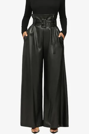 milanoo.com Pantaloni in pelle PU Cintura a vita alta Gambe larghe Pantaloni da donna in tinta unita
