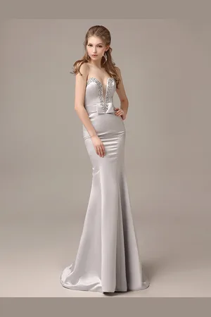 milanoo.com Abito da sera argento a sirena con scollo a cuore con perline drappeggiato a terra in raso