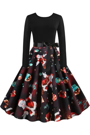 milanoo.com Vestiti Anni 50 con motivo natalizio Abiti donna maniche lunghe abiti anni 50 con scollo tondo di poliestere Autunno di retro