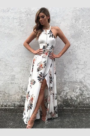 milanoo.com Vestiti Lunghi Abiti Lunghi smanicato Cotone misto stampa floreale Vestiti Lunghi Eleganti Scollatura sulla schiena con collo arrotondato