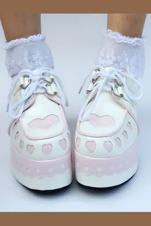 milanoo.com Scarpe da Lolita bianche con punta rotonda zeppa cinturini cuore 7cm