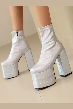 milanoo.com Stivaletti argento da donna con plateau e punta tonda stivaletti da club con tacco grosso