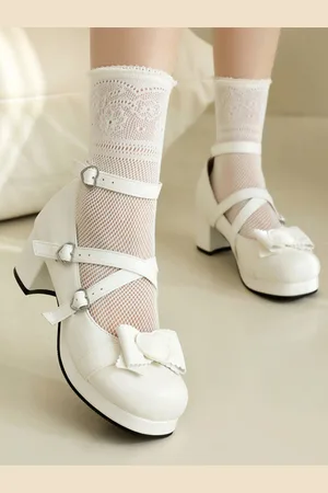 milanoo.com Calzature Sweet Lolita Décolleté Lolita in pelle PU con fiocchi bianchi e punta rotonda