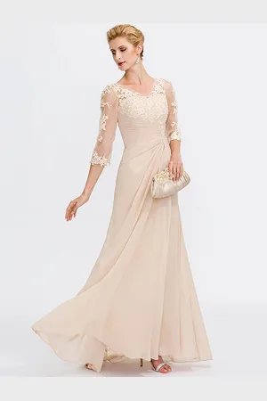 milanoo.com Abito da festa per la madre della sposa scollo a V mezze maniche tubino plissettato lungo fino al pavimento abiti da ospite per matrimonio