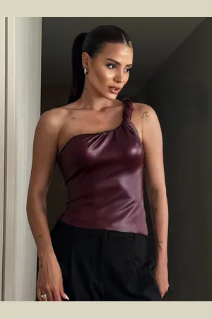 milanoo.com Borgogna Cami Top Monospalla PU Pelle Sexy Camis Donna