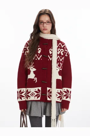 milanoo.com Maglioni Cardigan Poliestere Stampa Animalier Maniche Lunghe Scollo Gioiello Oversize