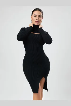 milanoo.com Abito in maglia da donna affascinante spacco frontale collo alto maniche lunghe acrilico spacco basso
