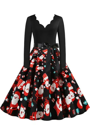 milanoo.com Vestiti Anni 50 con motivo natalizio Abiti donna maniche lunghe abiti anni 50 Scollatura di design di poliestere Inverno Autunno di retro