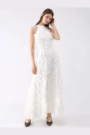 milanoo.com Abito maxi in piume Abiti da ballo eleganti a trapezio senza maniche con scollo all\\