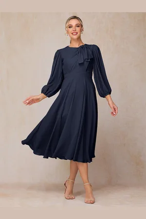 milanoo.com Abito da festa per la madre della sposa collo gioiello maniche a 3/4 abiti a trapezio con fiocchi abiti da ospite per matrimonio