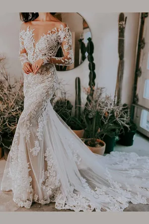 milanoo.com Abiti da Sposa a Sirena Abiti da Sposa Pizzo di poliestere Scollatura con trasparenze maniche lunghe
