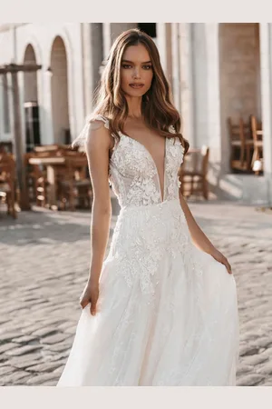 milanoo.com Abito da sposa scollo a V senza maniche con strascico in pizzo abiti da sposa