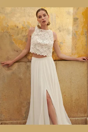 milanoo.com Abito da sposa in due pezzi color Crepe elasticizzato Spacco sul davanti Scollo gioiello Linea ad A con strascico Set da sposa senza maniche senza schienale