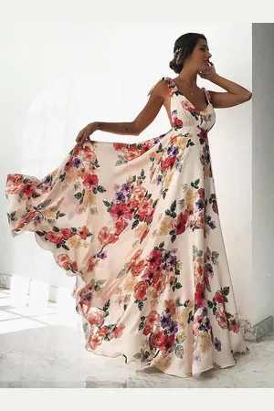 milanoo.com Vestiti Lunghi Celeste Abiti Lunghi in chiffon stampa floreale smanicato scollato sulla schiena Vestiti Lunghi Eleganti con scollo a V Abiti