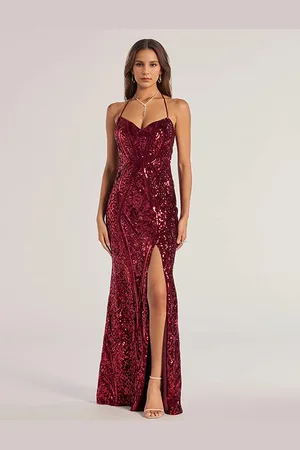 milanoo.com Abito da sirena con paillettes in con spacco alto scollo a cuore spalline allacciate sul retro abito lungo da festa formale per donna 2025