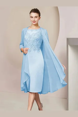 milanoo.com Abito da festa per la madre della sposa Gioiello Collo Maniche corte A-Line Pizzo Abiti da ospite per la lunghezza del tè Per il matrimonio Personalizzazione gratuita