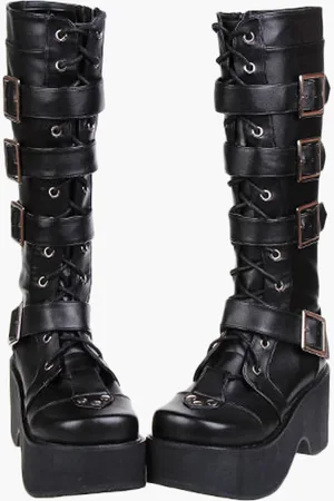 milanoo.com Gothic Black Lolita Boots Platform Shoes Fibbie Lacci delle scarpe