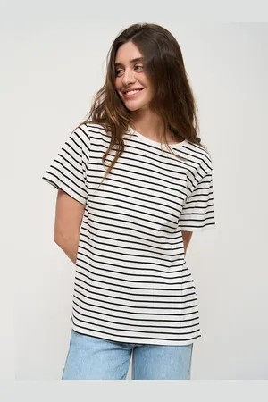 milanoo.com T-shirt a maniche corte T-shirt da donna oversize con collo gioiello a righe bicolore bianche