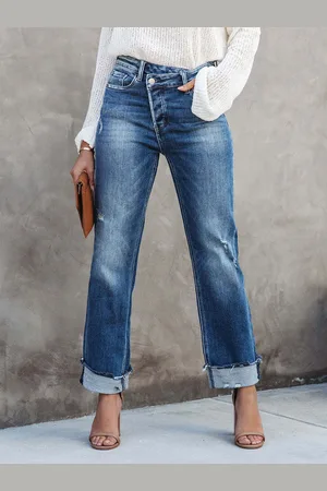 milanoo.com Jeans a gamba larga con cerniera a vita alta fondo asimmetrico da donna