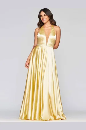milanoo.com Abito da ballo A-Line con scollo a V in tessuto di raso Halter senza maniche Abiti da sposa lunghi per gli ospiti