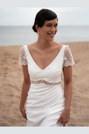 milanoo.com Abiti da Sposa Boho Chic di pizzo svasata con scollo a V maniche corte Abiti da sposa