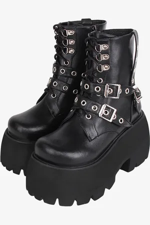 milanoo.com Stivali Lolita gotici Calzature Lolita nere in pelle PU Punta tonda PU