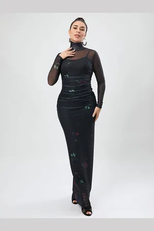 milanoo.com Abiti aderenti Vestito a tubino a maniche lunghe con scollo alto stampato e plissettato chic