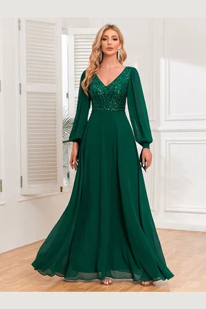 milanoo.com Abiti da ballo Abito maxi a trapezio con scollo a V e maniche lunghe con corpetto in paillettes