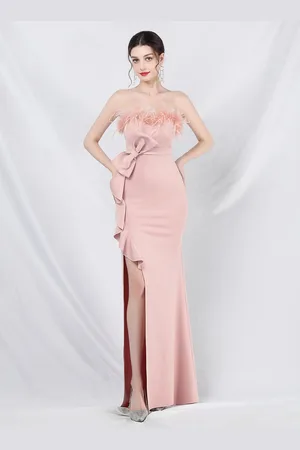 milanoo.com Abito da festa chic con fiocco di piume volant pieghe a cascata maxi abito di tendenza